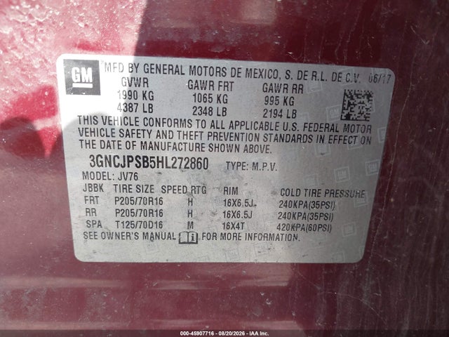 3GNCJPSB5HL272860 Chevrolet Trax Lt