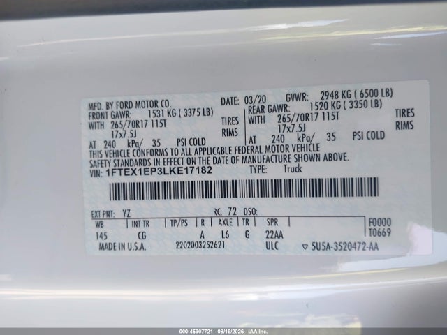 2020 Ford F-150 Xl მანქანა იყიდება აუქციონზე, vin: 1FTEX1EP3LKE17182, აუქციონის ნომერი: 45907721