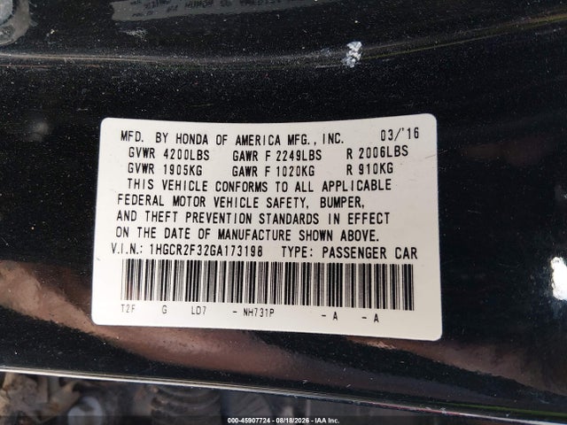 Продажа на аукционе авто 2016 Honda Accord Lx, vin: 1HGCR2F32GA173198, номер лота: 45907724