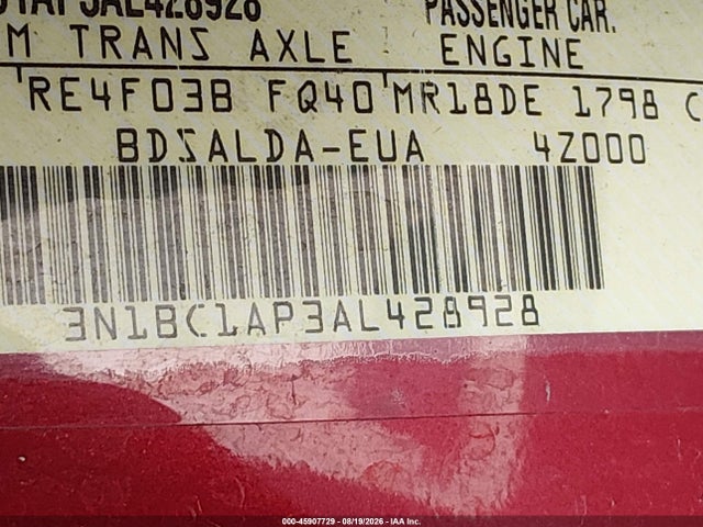 2010 Nissan Versa 1.8s მანქანა იყიდება აუქციონზე, vin: 3N1BC1AP3AL428928, აუქციონის ნომერი: 45907729