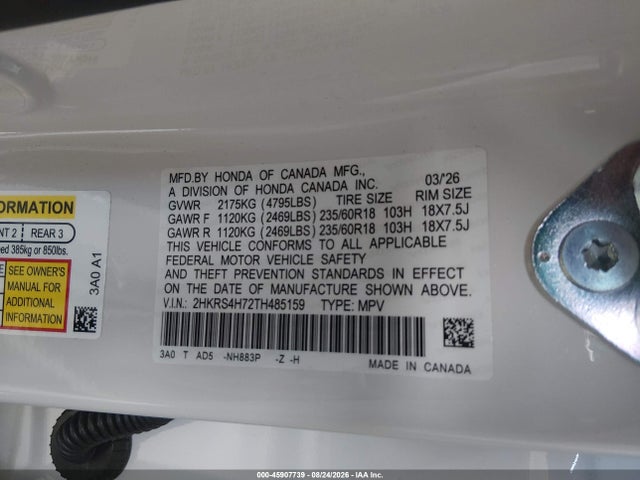 45907739 :رقم المزاد ، 2HKRS4H72TH485159 vin ، 2026 Honda Cr-v Ex-l Awd مزاد بيع