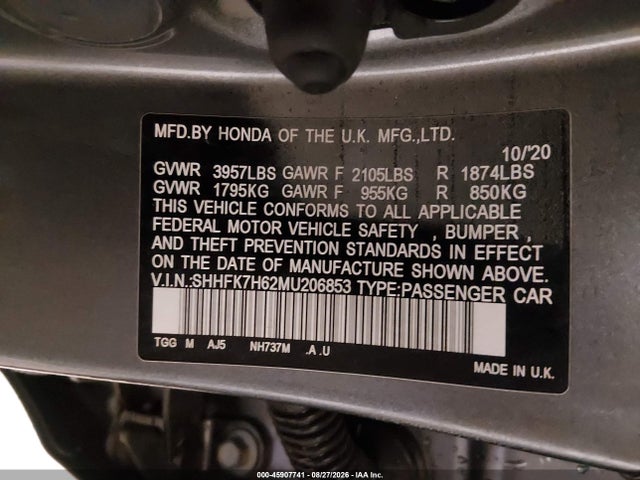 Продаж на аукціоні авто 2021 Honda Civic Ex, vin: SHHFK7H62MU206853, номер лоту: 45907741
