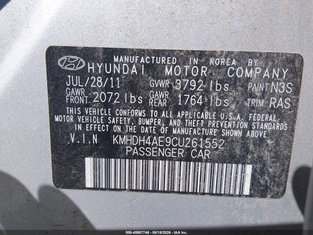 2012 Hyundai Elantra Gls (ulsan Plant) მანქანა იყიდება აუქციონზე, vin: KMHDH4AE9CU261552, აუქციონის ნომერი: 45907746