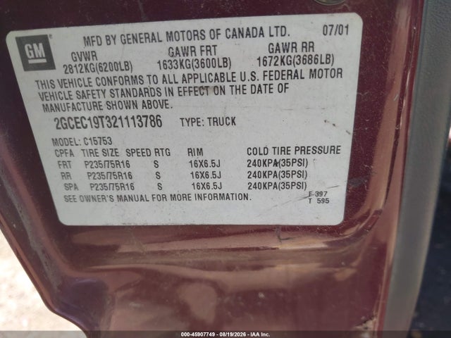 45907749 :رقم المزاد ، 2GCEC19T321113786 vin ، 2002 Chevrolet Silverado 1500 Ls مزاد بيع