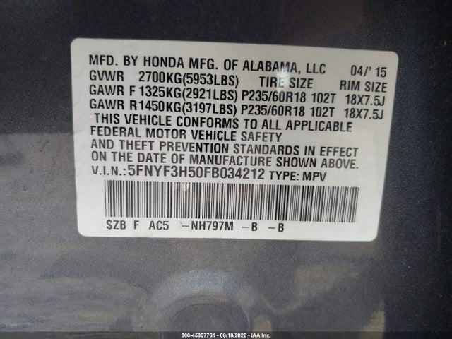 2015 Honda Pilot Ex-l მანქანა იყიდება აუქციონზე, vin: 5FNYF3H50FB034212, აუქციონის ნომერი: 45907761
