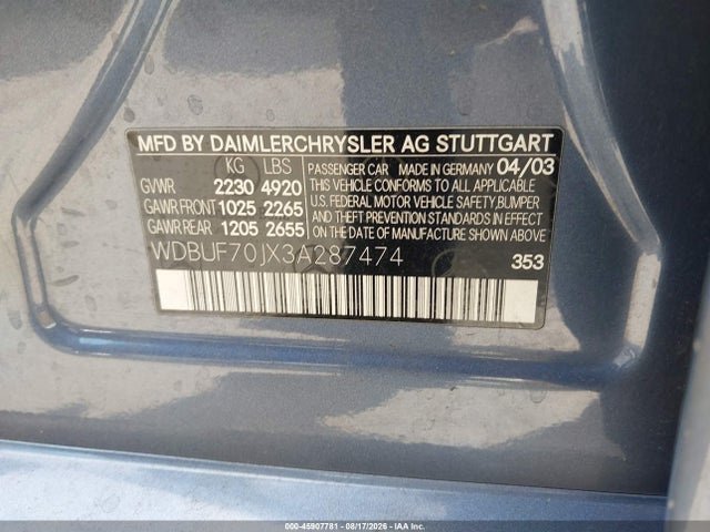 45907781 :رقم المزاد ، WDBUF70JX3A287474 vin ، 2003 Mercedes-benz E 500 مزاد بيع