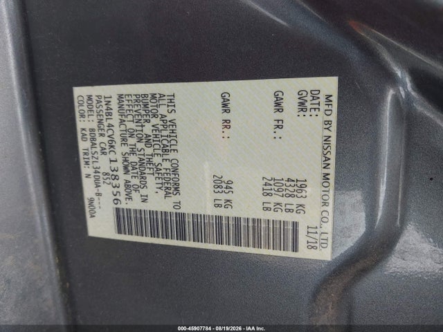 Aukcja sprzedaży 2019 Nissan Altima 2.5 Sr, vin: 1N4BL4CV6KC138356, numer aukcji: 45907784