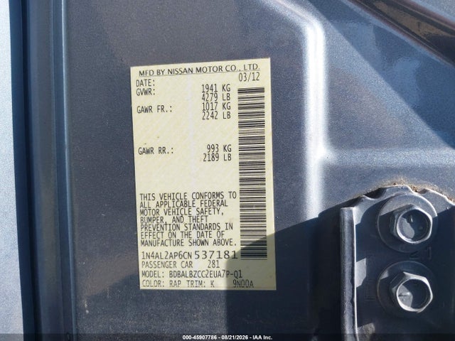 2012 Nissan Altima 2.5 S მანქანა იყიდება აუქციონზე, vin: 1N4AL2AP6CN537181, აუქციონის ნომერი: 45907786