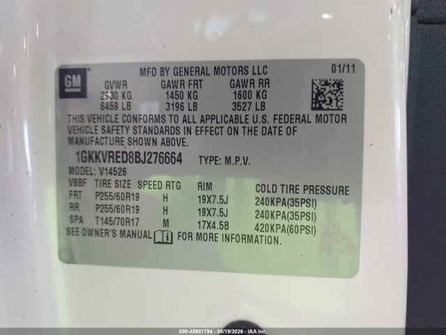 Продажа на аукционе авто 2011 Gmc Acadia Slt-1, vin: 1GKKVRED8BJ276664, номер лота: 45907794