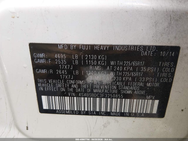 45907795 :رقم المزاد ، 4S4BSBDC3F3250855 vin ، 2015 Subaru Outback 2.5i Premium مزاد بيع
