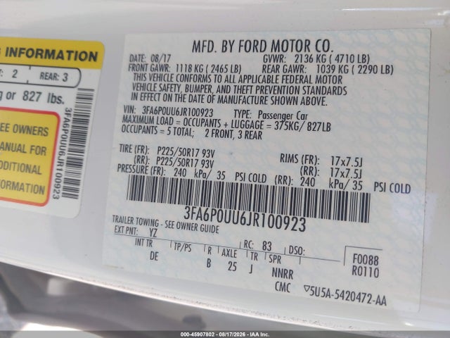 Aukcja sprzedaży 2018 Ford Fusion Hybrid S, vin: 3FA6P0UU6JR100923, numer aukcji: 45907802