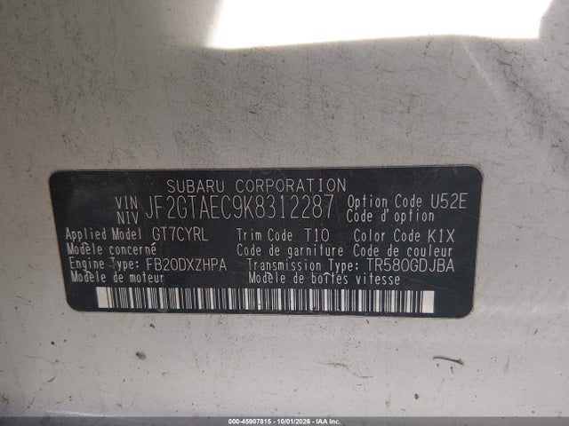 Продаж на аукціоні авто 2019 Subaru Crosstrek 2.0i Premium, vin: JF2GTAEC9K8312287, номер лоту: 45907815