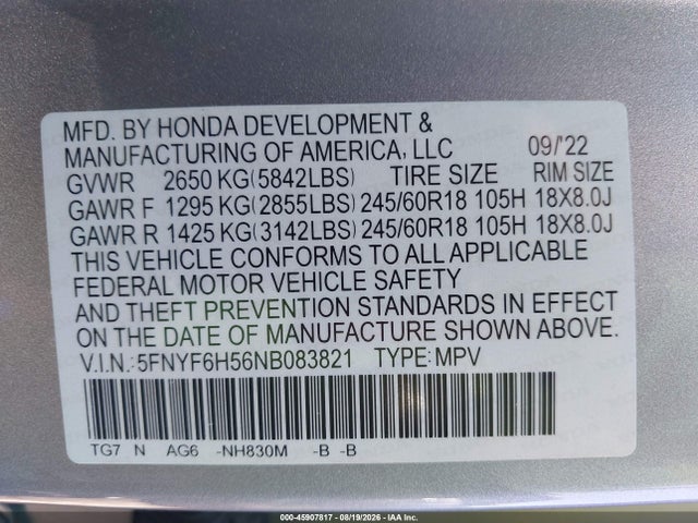 45907817 :رقم المزاد ، 5FNYF6H56NB083821 vin ، 2022 Honda Pilot Awd Ex-l مزاد بيع
