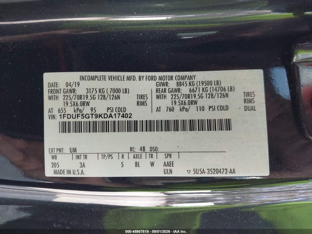 Продаж на аукціоні авто 2019 Ford F-550 Chassis Xlt, vin: 1FDUF5GT9KDA17402, номер лоту: 45907819