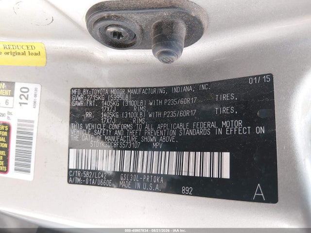 5TDYK3DC8FS573107 Toyota Sienna Xle 8 Passenger