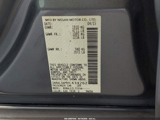 Nissan Altima 2.5 S 2015 1N4AL3AP9FC434262 Image 9