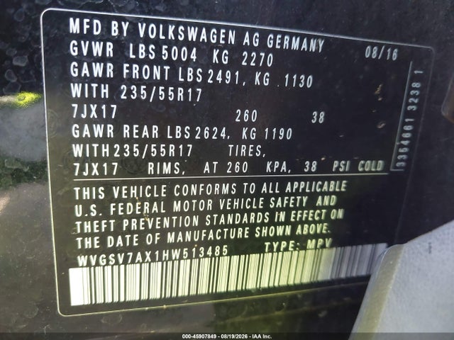 45907849 :رقم المزاد ، WVGSV7AX1HW513485 vin ، 2017 Volkswagen Tiguan 2.0t Wolfsburg Edition مزاد بيع