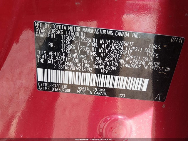 45907861 :رقم المزاد ، 2T3BFREV0EW212092 vin ، 2014 Toyota Rav4 Le مزاد بيع