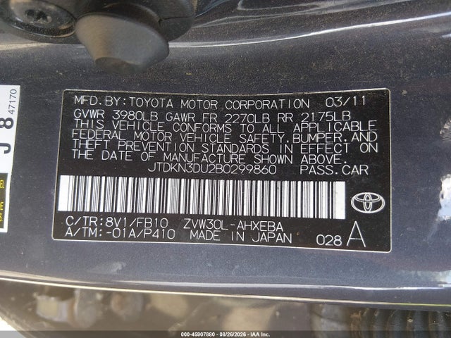 Auction sale of the 2011 Toyota Prius Three, vin: JTDKN3DU2B0299860, lot number: 45907880