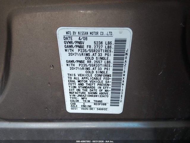 Aukcja sprzedaży 2009 Nissan Murano Le, vin: JN8AZ18WX9W133470, numer aukcji: 45907892