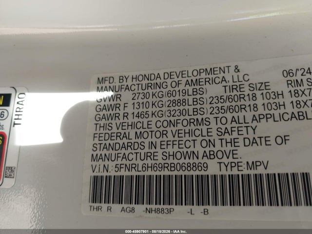 Продаж на аукціоні авто 2024 Honda Odyssey Ex-l, vin: 5FNRL6H69RB068869, номер лоту: 45907901