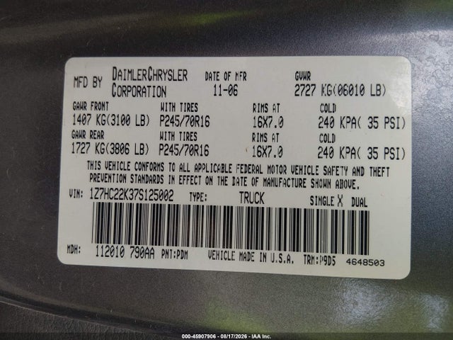 45907906 :رقم المزاد ، 1Z7HC22K37S125002 vin ، 2007 Mitsubishi Raider Ls مزاد بيع
