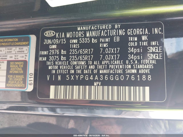 KIA Sorento 2.4l Lx 2016 5XYPG4A36GG076188 Image 9
