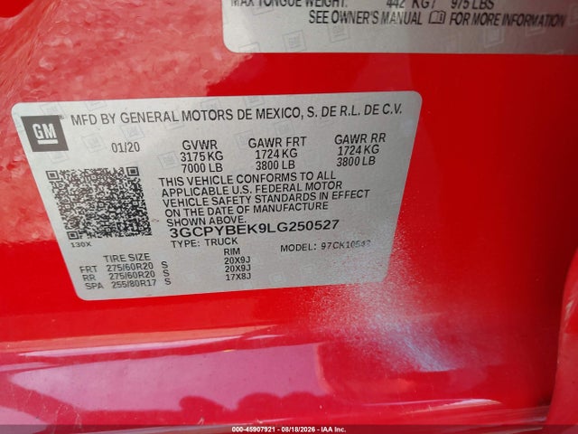 Продажа на аукционе авто 2020 Chevrolet Silverado 1500 4wd  Short Bed Custom, vin: 3GCPYBEK9LG250527, номер лота: 45907921