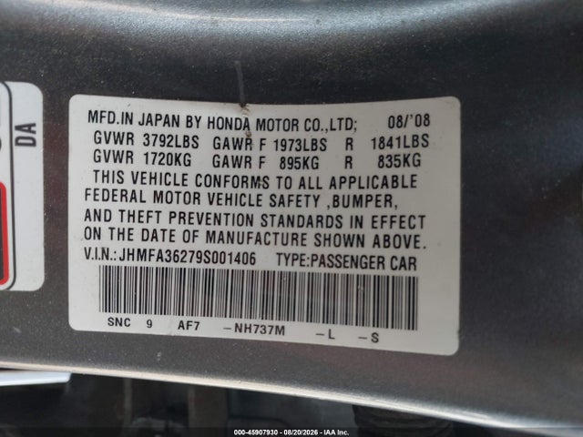 Aukcja sprzedaży 2009 Honda Civic Hybrid, vin: JHMFA36279S001406, numer aukcji: 45907930
