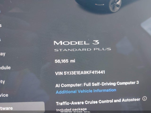 Aukcja sprzedaży 2019 Tesla Model 3 Long Range/mid Range/standard Range/standard Range Plus, vin: 5YJ3E1EA9KF411441, numer aukcji: 45907948