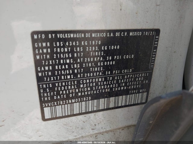 Aukcja sprzedaży 2022 Volkswagen Taos 1.5t S, vin: 3VVCX7B23NM031829, numer aukcji: 45907949