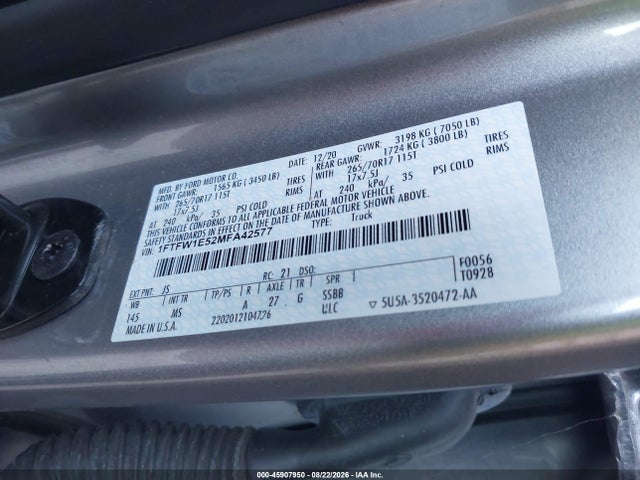 45907950 :رقم المزاد ، 1FTFW1E52MFA42577 vin ، 2021 Ford F-150 Xlt مزاد بيع