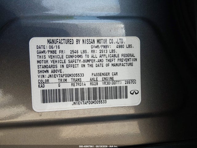 Продаж на аукціоні авто 2016 Infiniti Q50 3.0t Premium, vin: JN1EV7AP0GM305533, номер лоту: 45907961