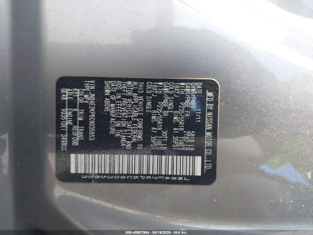 Aukcja sprzedaży 2012 Nissan Quest Le, vin: JN8AE2KP6C9035853, numer aukcji: 45907964