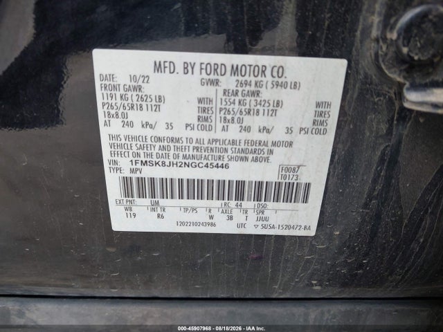 45907968 :رقم المزاد ، 1FMSK8JH2NGC45446 vin ، 2022 Ford Explorer Timberline مزاد بيع