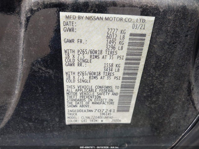 2021 Nissan Frontier Sv 4x2 მანქანა იყიდება აუქციონზე, vin: 1N6ED0EA3MN707241, აუქციონის ნომერი: 45907971