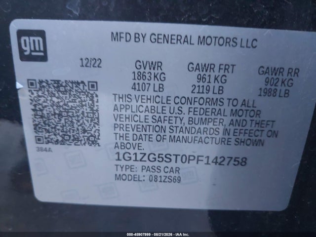 Aukcja sprzedaży 2023 Chevrolet Malibu Fwd Rs, vin: 1G1ZG5ST0PF142758, numer aukcji: 45907999