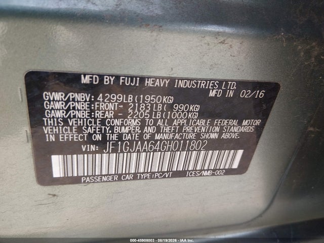 Aukcja sprzedaży 2016 Subaru Impreza 2.0i, vin: JF1GJAA64GH011802, numer aukcji: 45908003