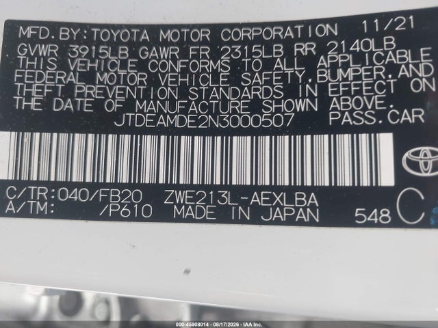 JTDEAMDE2N3000507 Toyota Corolla Hybrid Le