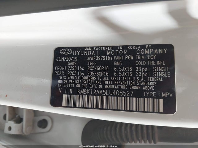 45908019 :رقم المزاد ، KM8K12AA5LU408527 vin ، 2020 Hyundai Kona Se مزاد بيع
