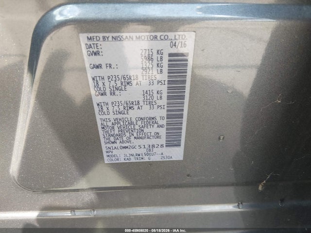 2016 Infiniti Qx60 მანქანა იყიდება აუქციონზე, vin: 5N1AL0MM2GC513828, აუქციონის ნომერი: 45908020