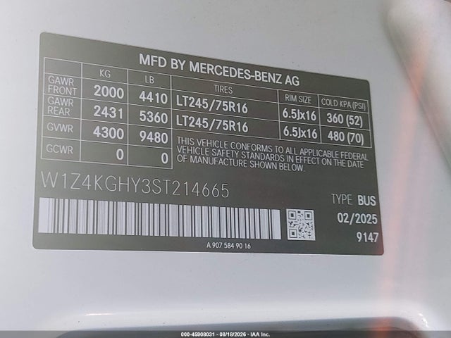 Продаж на аукціоні авто 2025 Mercedes-benz Sprinter 2500 High Roof 4-cyl Diesel, vin: W1Z4KGHY3ST214665, номер лоту: 45908031