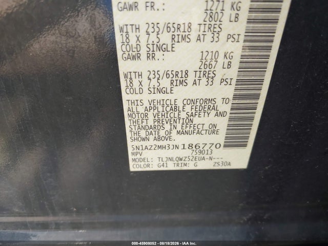 Продажа на аукционе авто 2018 Nissan Murano Sv, vin: 5N1AZ2MH3JN186770, номер лота: 45908052