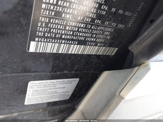 Aukcja sprzedaży 2014 Volkswagen Tiguan Sel, vin: WVGAV3AXXEW548428, numer aukcji: 45908053