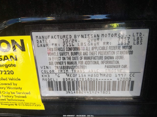 Aukcja sprzedaży 2025 Nissan Sentra S, vin: 3N1AB8BV4SY247801, numer aukcji: 45908057