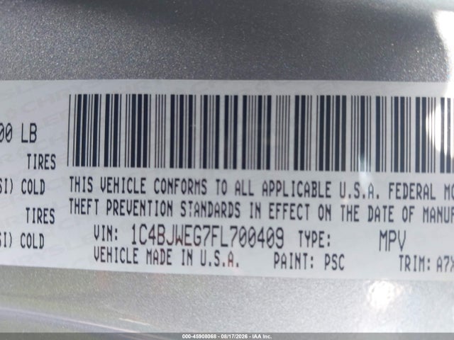 2015 Jeep Wrangler Unlimited Sahara მანქანა იყიდება აუქციონზე, vin: 1C4BJWEG7FL700409, აუქციონის ნომერი: 45908068