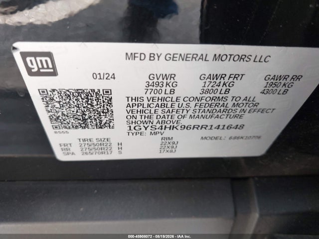 Auction sale of the 2024 Cadillac Escalade 4wd V-series, vin: 1GYS4HK96RR141648, lot number: 45908072