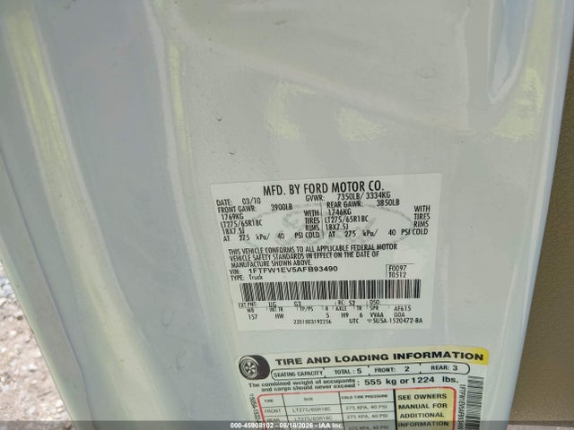 45908102 :رقم المزاد ، 1FTFW1EV5AFB93490 vin ، 2010 Ford F-150 Fx4/harley-davidson/king Ranch/lariat/platinum/xl/xlt مزاد بيع