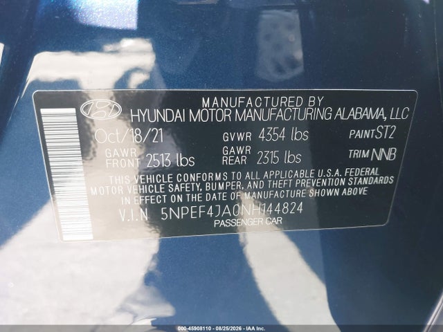 5NPEF4JA0NH144824 Hyundai SONATA SEL