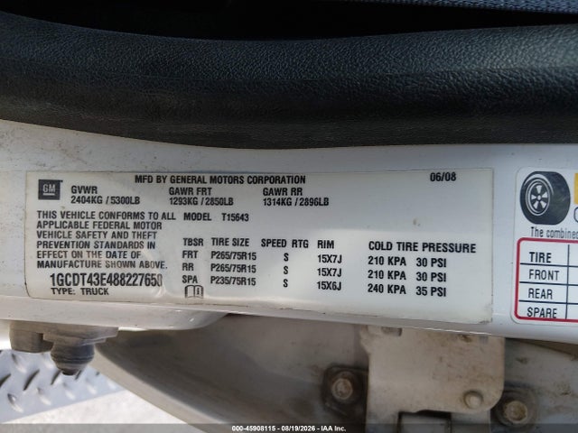 Продаж на аукціоні авто 2008 Chevrolet Colorado Lt, vin: 1GCDT43E488227650, номер лоту: 45908115